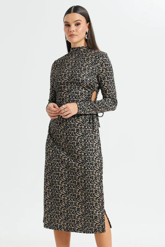 Women Beige And Black Side Ruched Printed Dress sold by Redtag