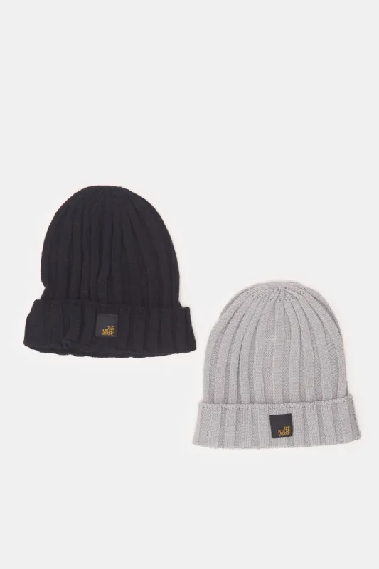 Men Black And  Grey Knitted Cap Set Of (2 Piece) sold by Redtag
