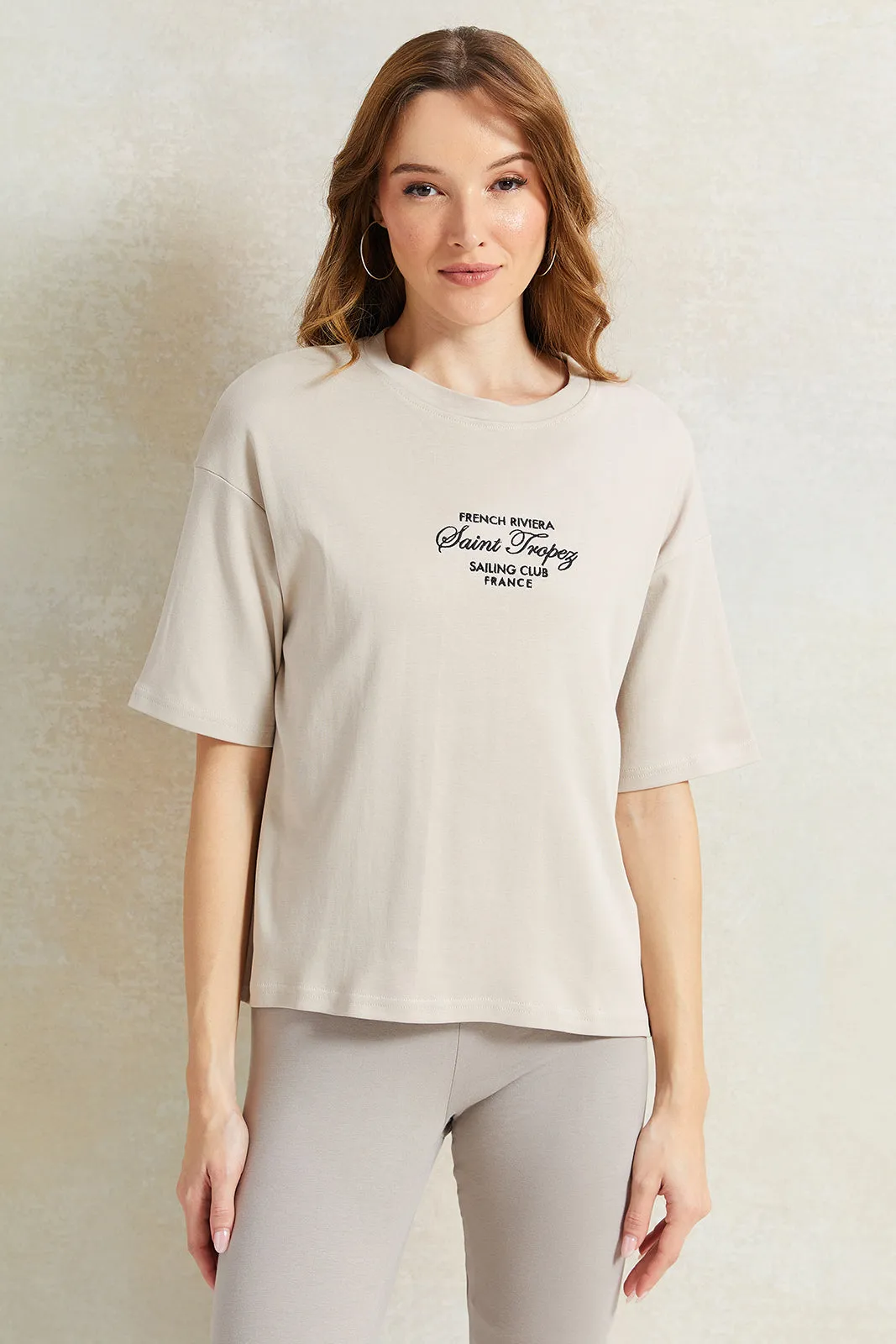 Women Ecru Embroidered Boxy T-Shirt sold by Redtag