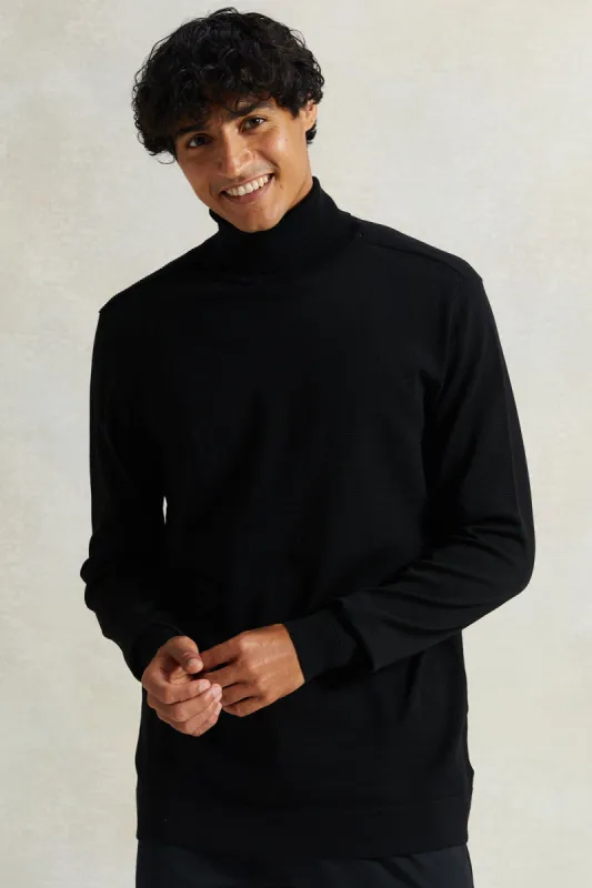 Men Black Solid High Neck Pullover sold by Redtag