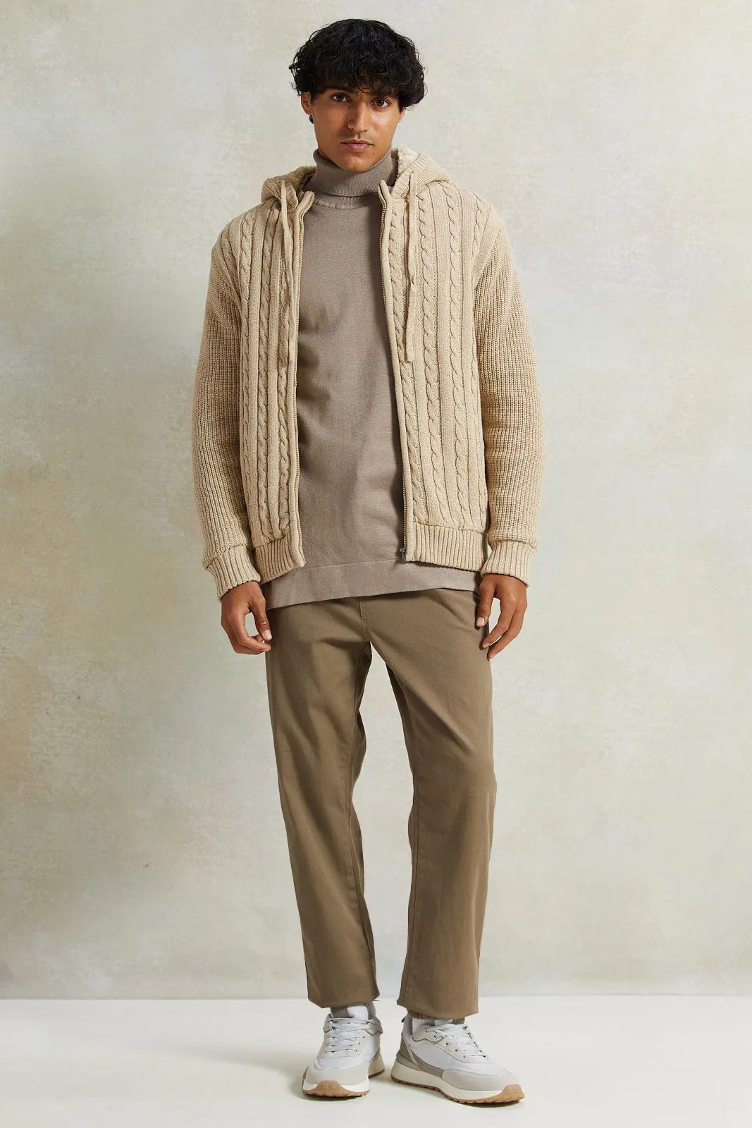 Men Beige Knitted Zip Thru Hoody With Faux Fur Lining sold by Redtag product image thumbnail 2