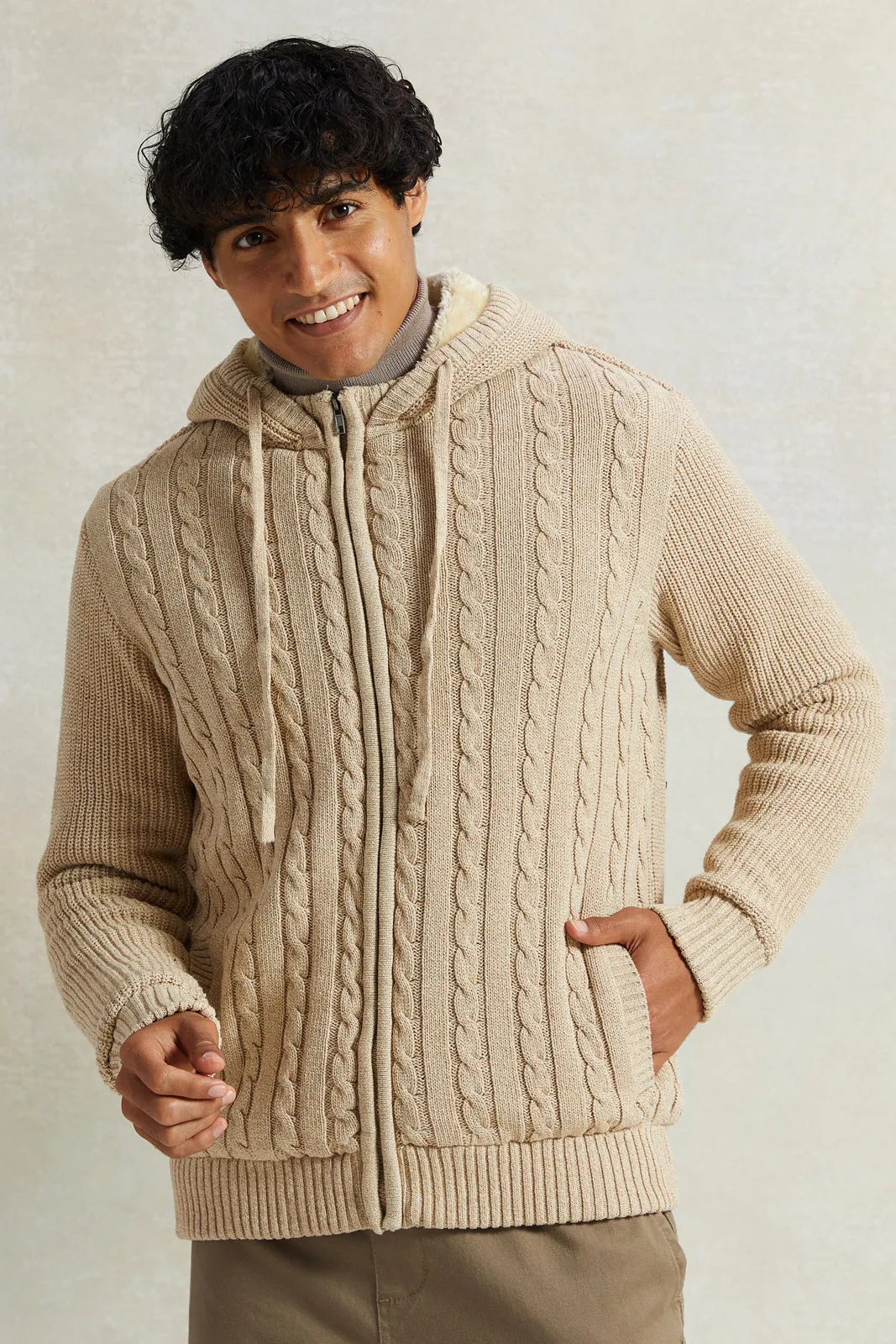Men Beige Knitted Zip Thru Hoody With Faux Fur Lining sold by Redtag