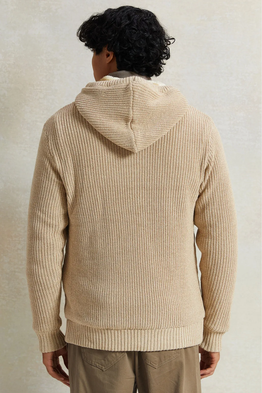 Men Beige Knitted Zip Thru Hoody With Faux Fur Lining sold by Redtag product image thumbnail 3