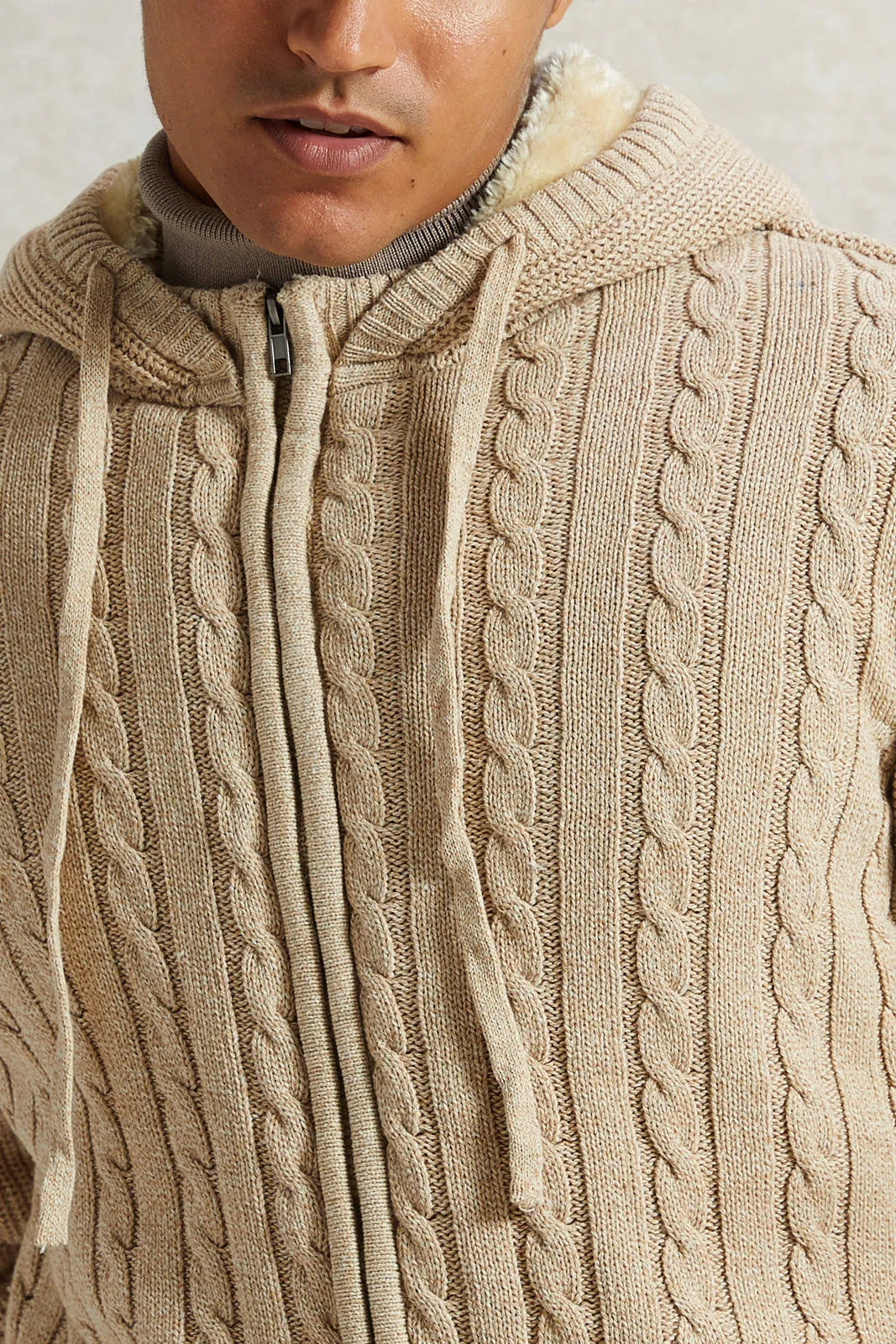 Men Beige Knitted Zip Thru Hoody With Faux Fur Lining sold by Redtag product image thumbnail 4