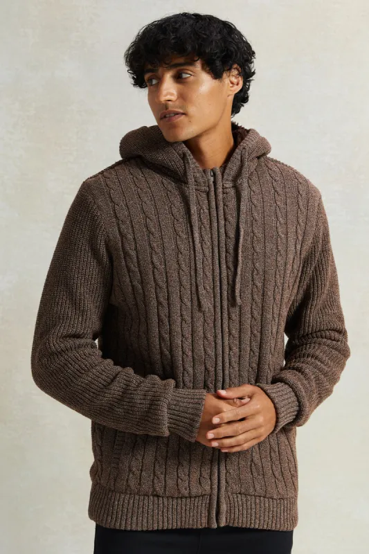 Men Brown Knitted Zip Thru Hoody With Faux Fur Lining sold by Redtag