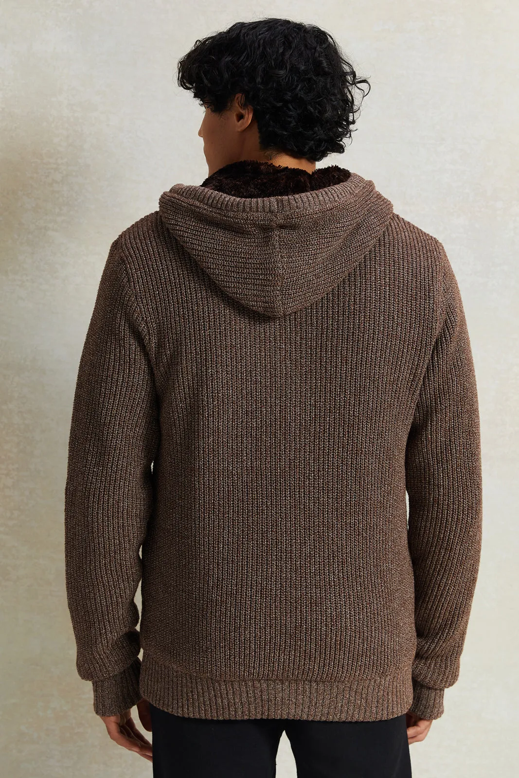Men Brown Knitted Zip Thru Hoody With Faux Fur Lining sold by Redtag product image thumbnail 3