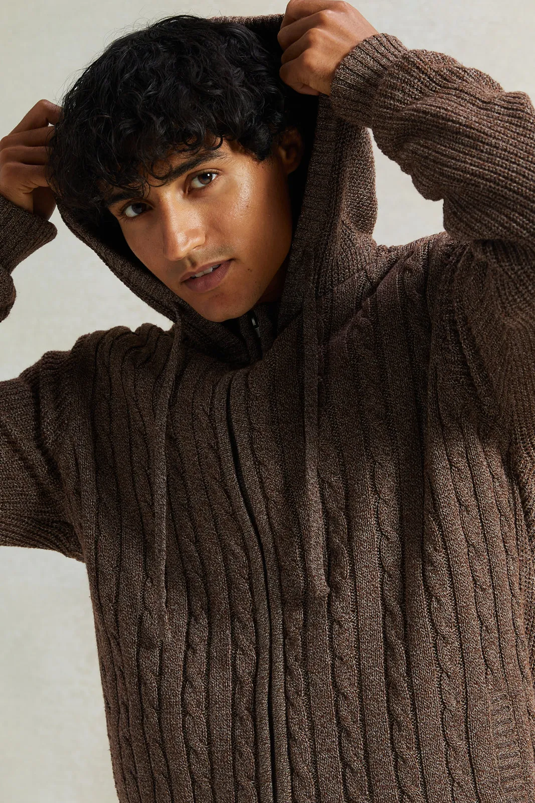 Men Brown Knitted Zip Thru Hoody With Faux Fur Lining sold by Redtag product image thumbnail 4
