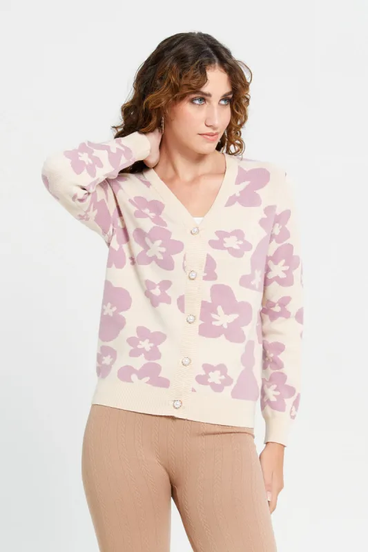 Women Beige And Lilac Floral Print Cardigan sold by Redtag