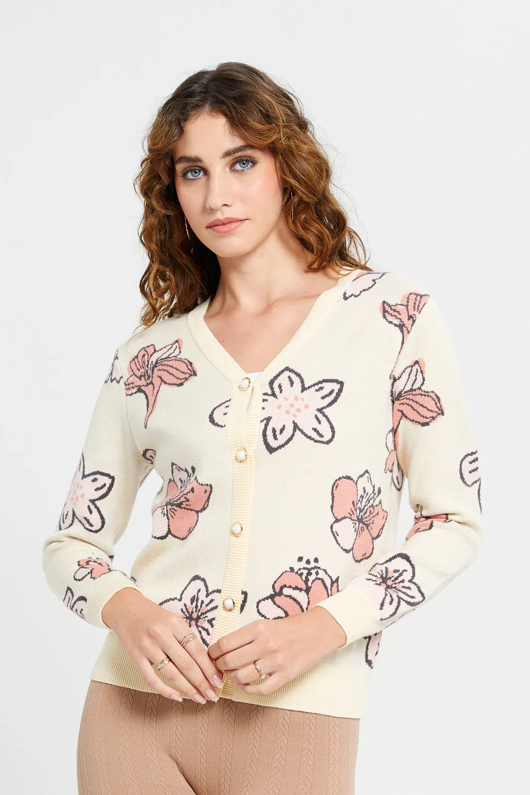 Women Yellow Floral Knitted Cardigan sold by Redtag