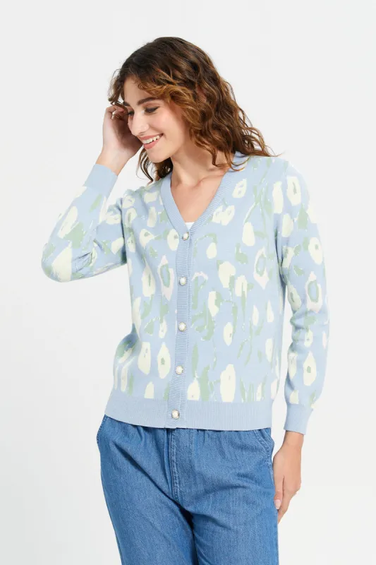 Women Blue Floral Print Knitted Cardigan sold by Redtag
