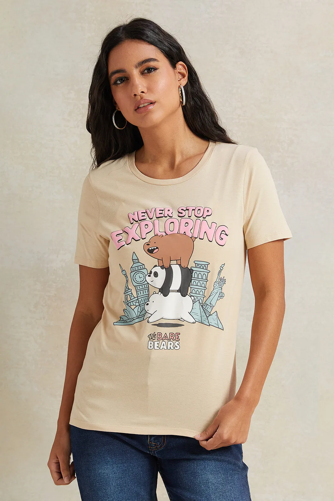 Women Beige We Bare Bears Printed T-Shirt sold by Redtag