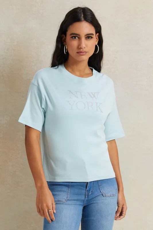 Women Blue Embellished Boxy T-Shirt sold by Redtag