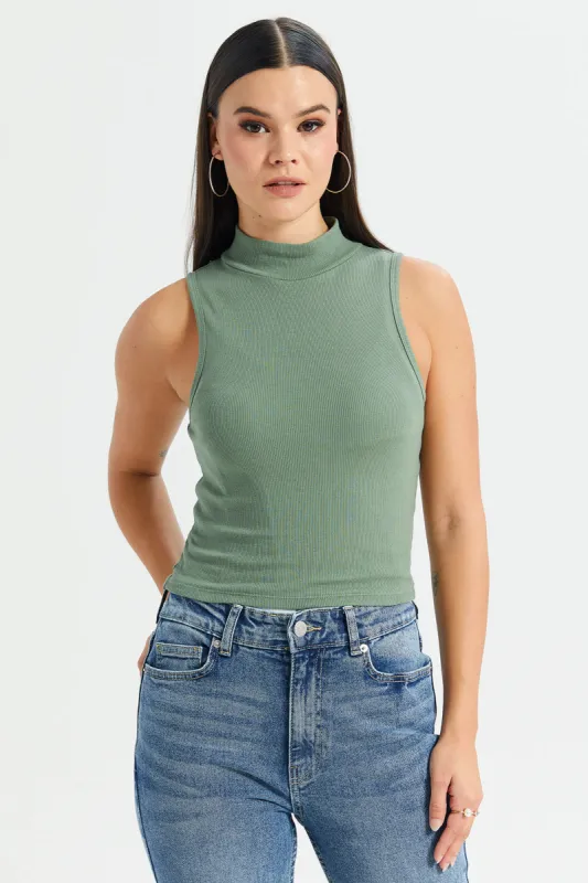 Women Green High Neck Rib T-Shirt sold by Redtag
