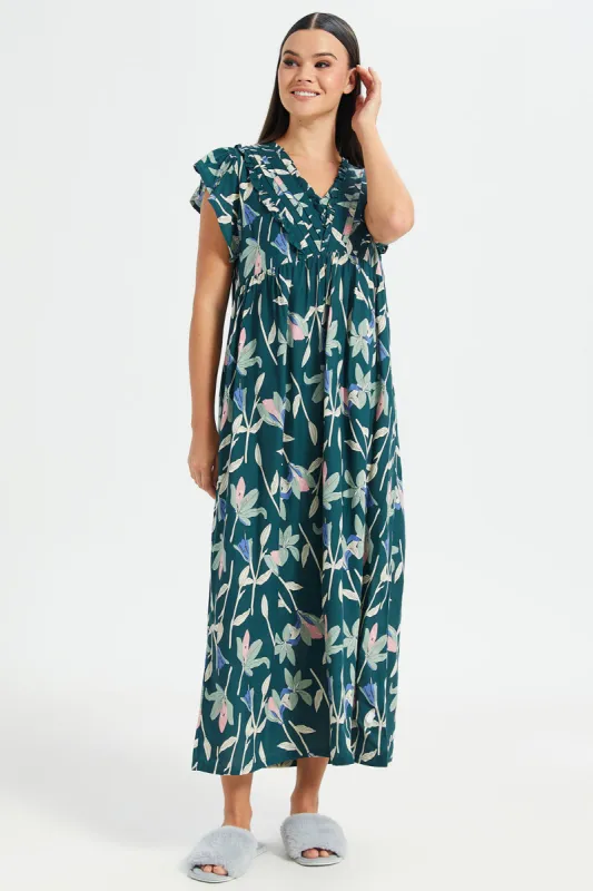 Women Green Floral Print Cap Sleeves Nightgown sold by Redtag