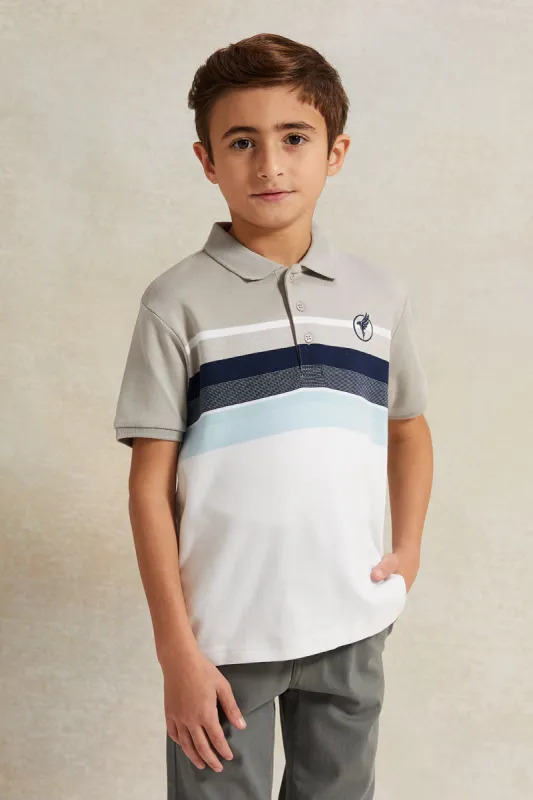 Boys Beige Striped Polo Shirt sold by Redtag