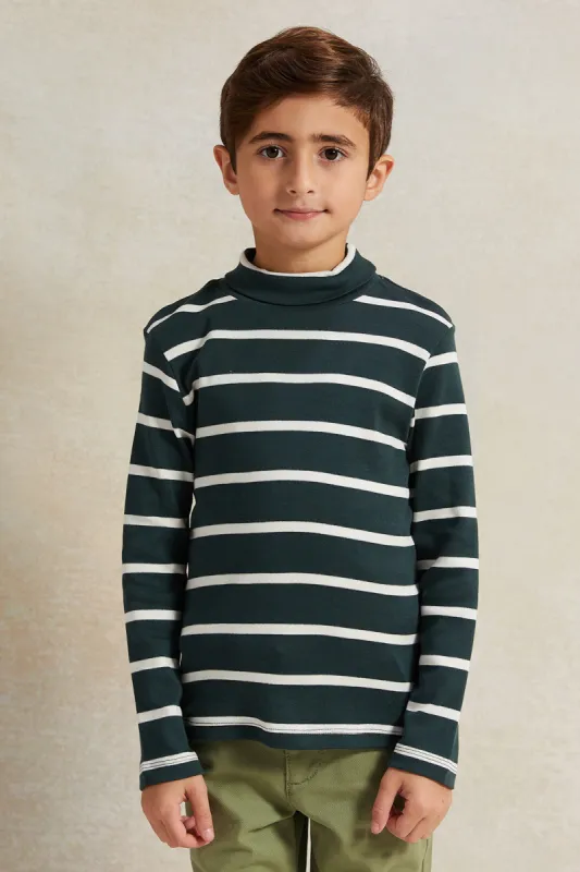 Boys Green And White Striped High-Neck T-Shirt sold by Redtag