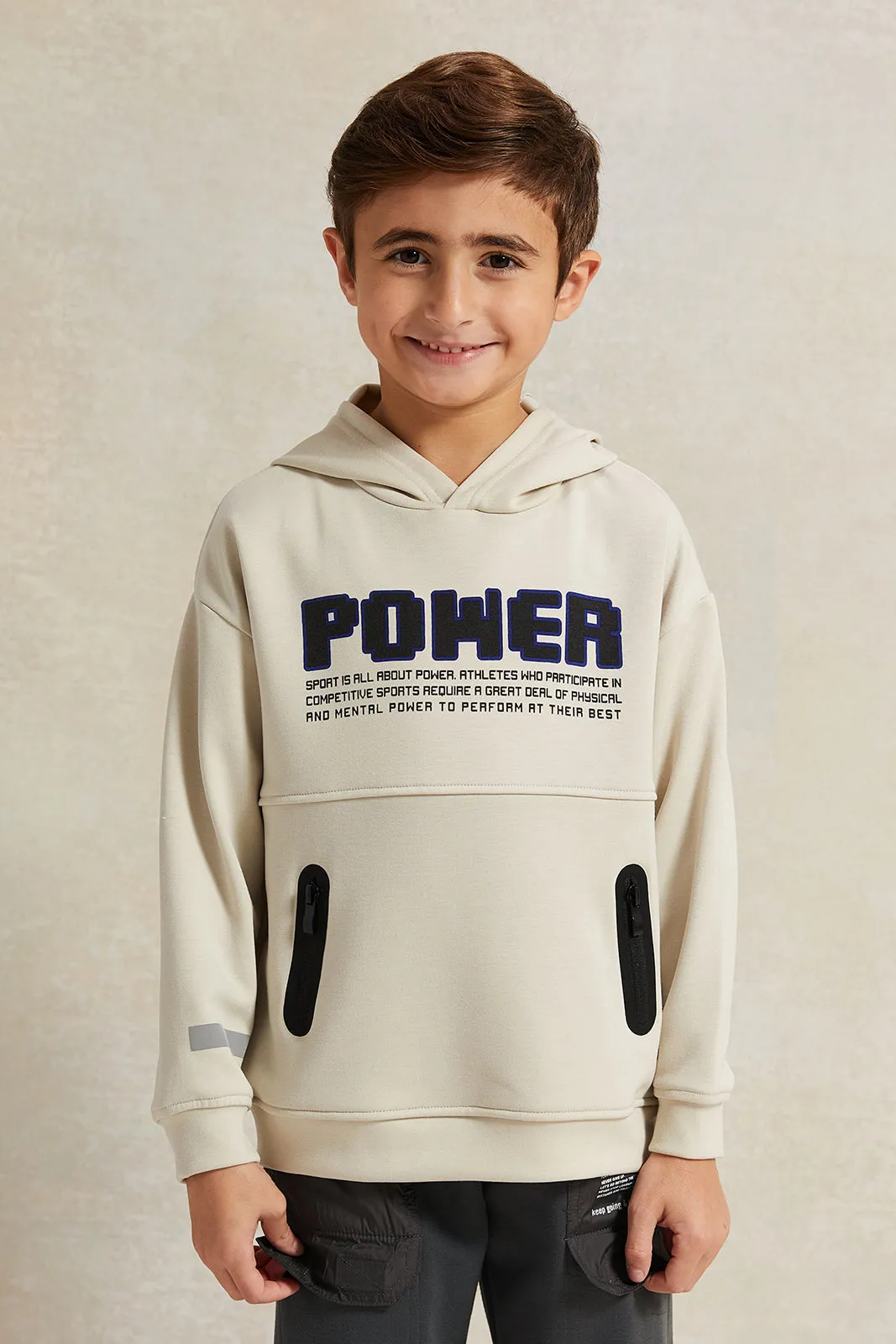 Boys Beige Hooded Zip Pocket Sweatshirt sold by Redtag