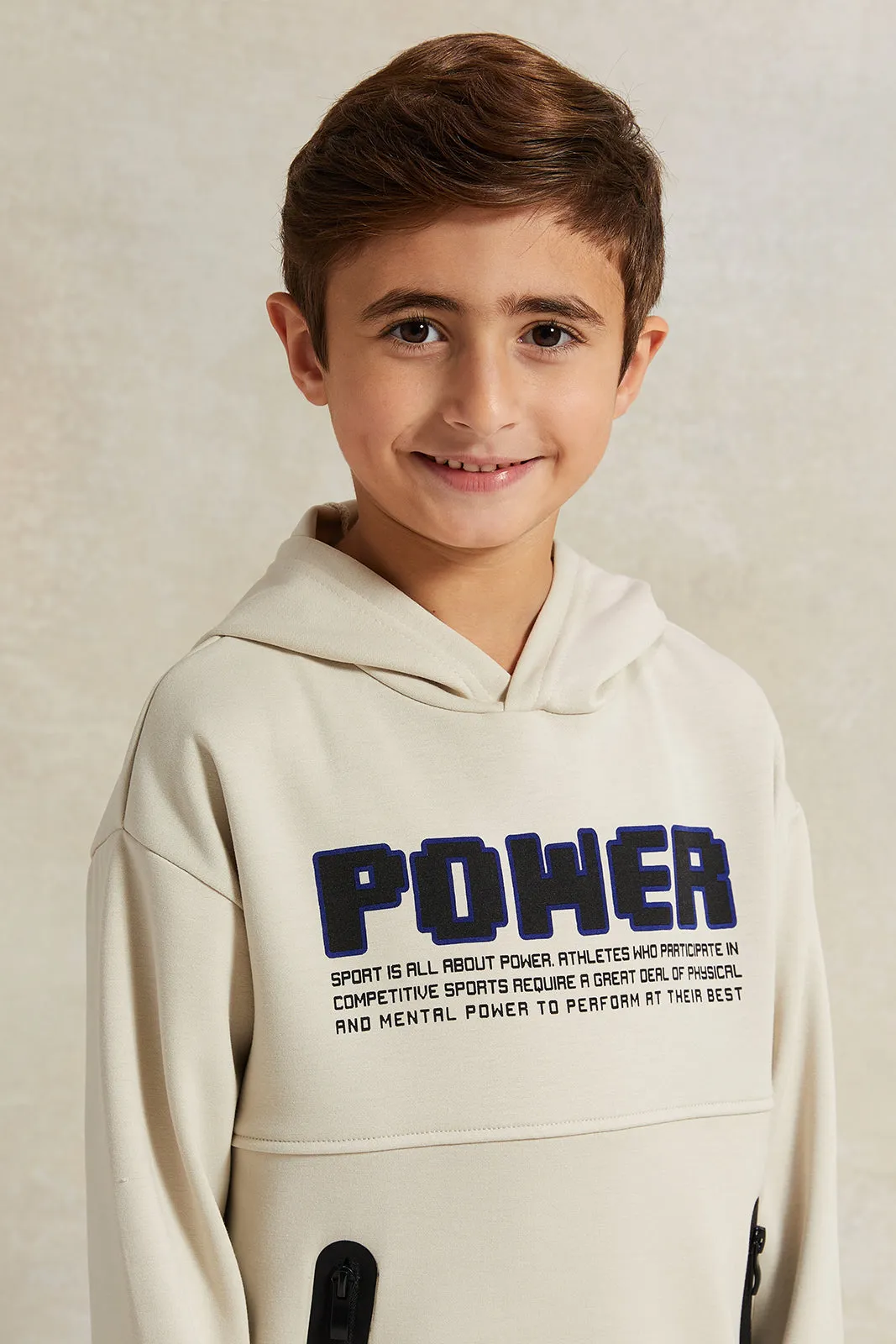 Boys Beige Hooded Zip Pocket Sweatshirt sold by Redtag product image thumbnail 4