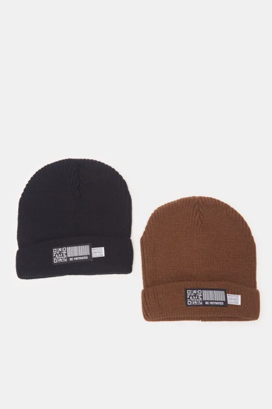 Men Brown And Black Knitted Cap Set (2 Piece) sold by Redtag