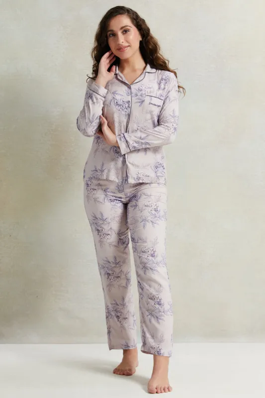 Women Lilac Piping Classic Pyjama Set (2 Piece) sold by Redtag