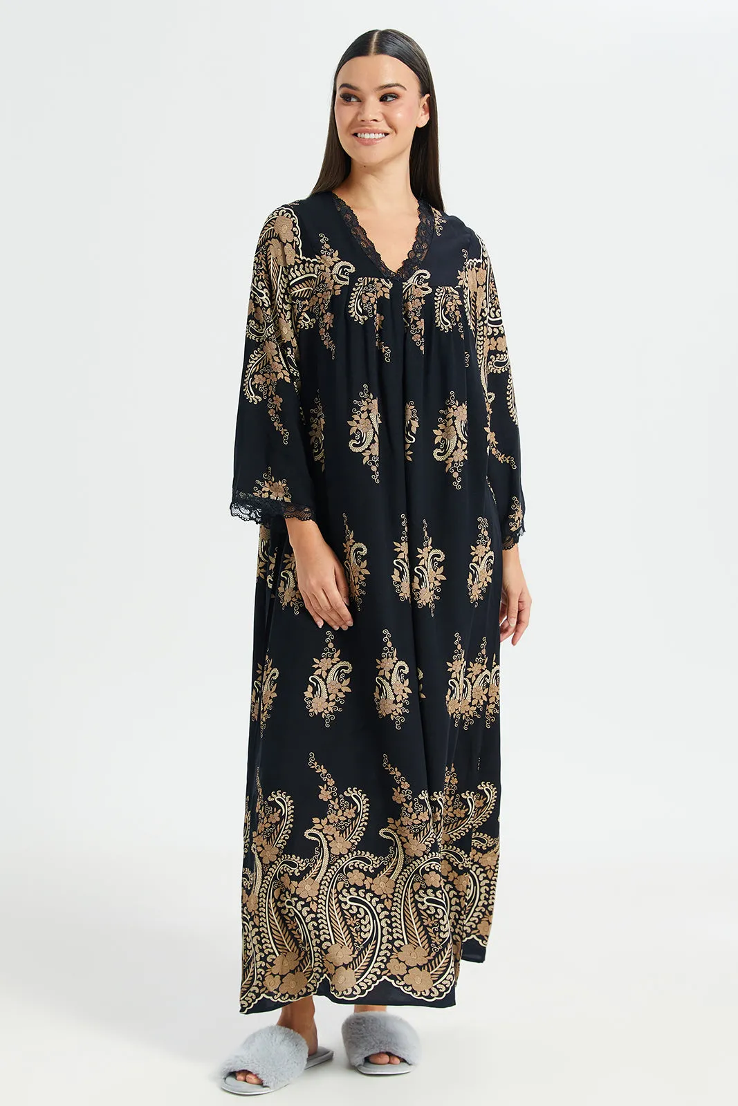 Women Black Elbow Sleeves Nightgown sold by Redtag