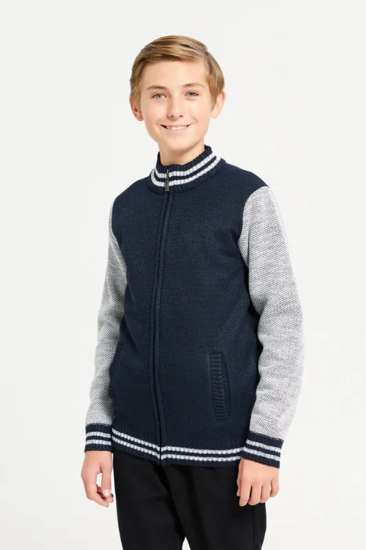 Senior Boys Navy Cut And Sew Zip-Thru Pullover sold by Redtag