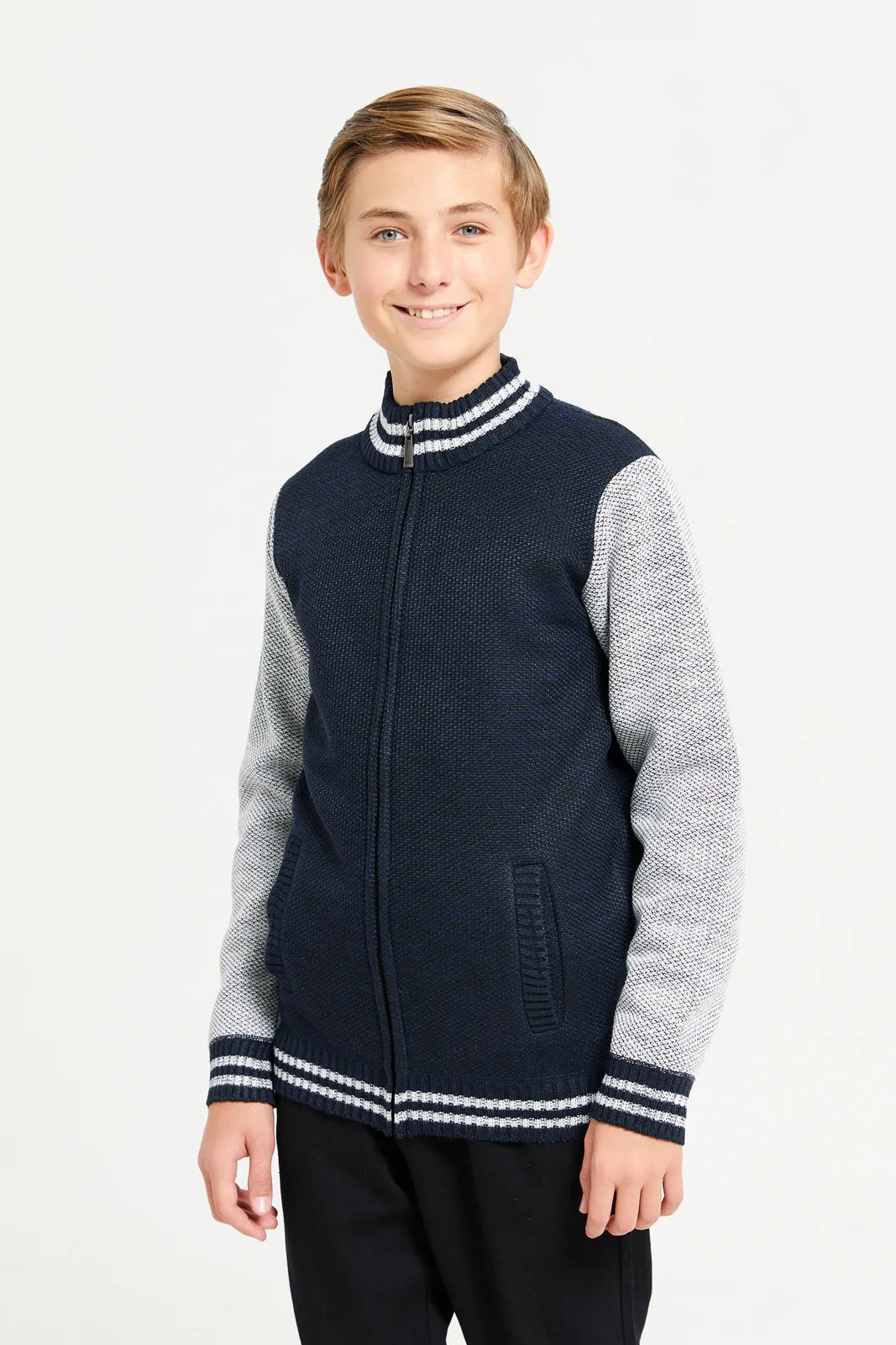 Senior Boys Navy Cut And Sew Zip-Thru Pullover sold by Redtag