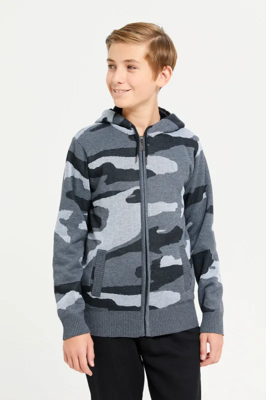 Senior Boys Grey Hooded Camo Cardigan sold by Redtag