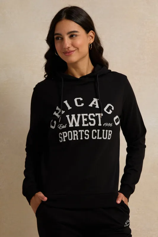 Women Black Placement Print Hooded Sweatshirt sold by Redtag