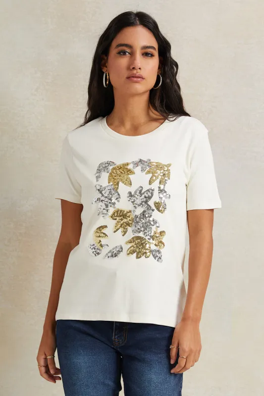 Women Cream Sequence Embellished T-Shirt sold by Redtag