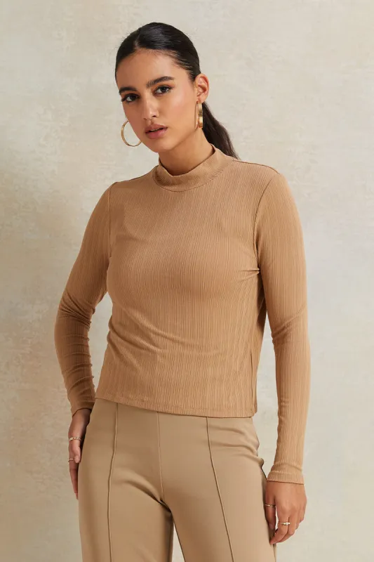 Women Brown Ribbed High Neck T-Shirt sold by Redtag