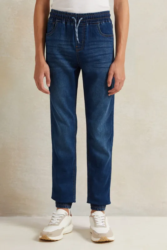 Senior Boys Blue Knit Denim Jogger With Cuff sold by Redtag