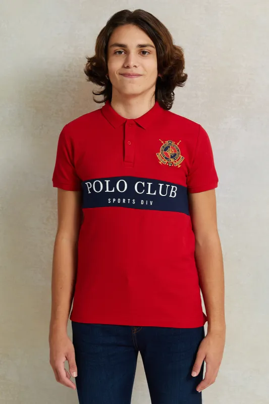 Senior Boys Red Printed Polo Shirt sold by Redtag