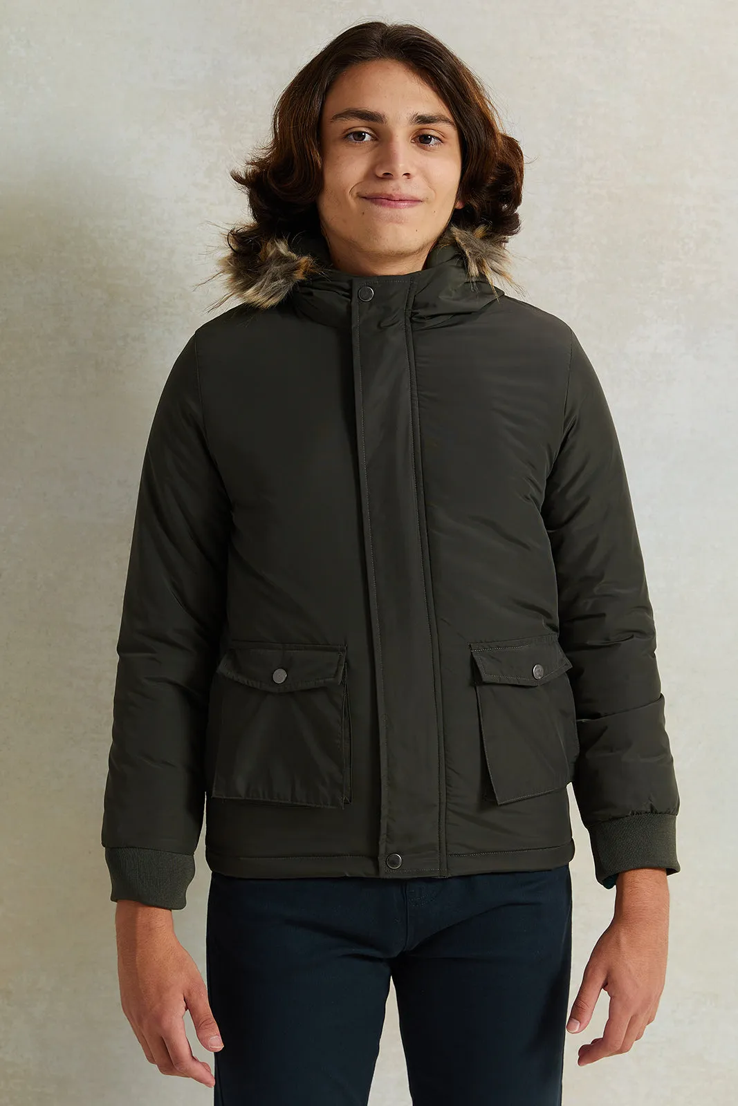 Senior Boys Olive Fur Hoodie Jacket sold by Redtag