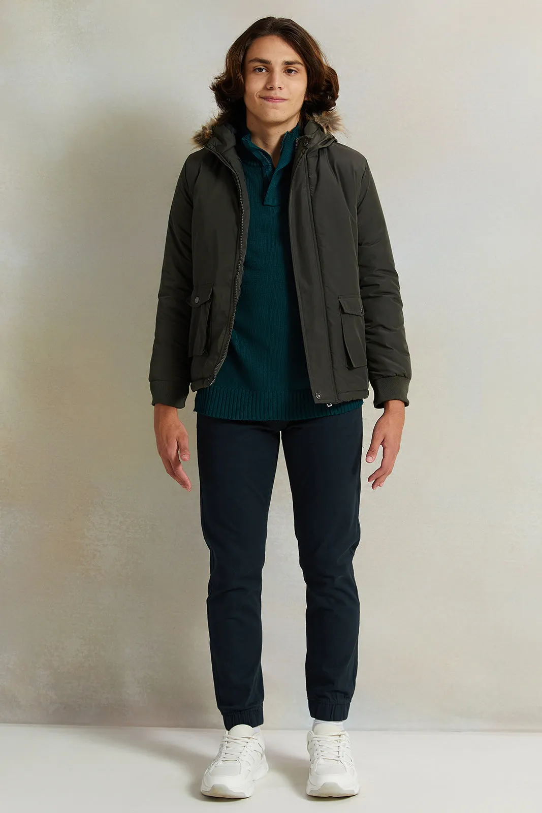 Senior Boys Olive Fur Hoodie Jacket sold by Redtag product image thumbnail 2