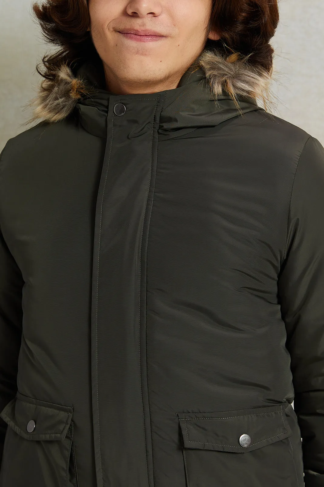 Senior Boys Olive Fur Hoodie Jacket sold by Redtag product image thumbnail 4