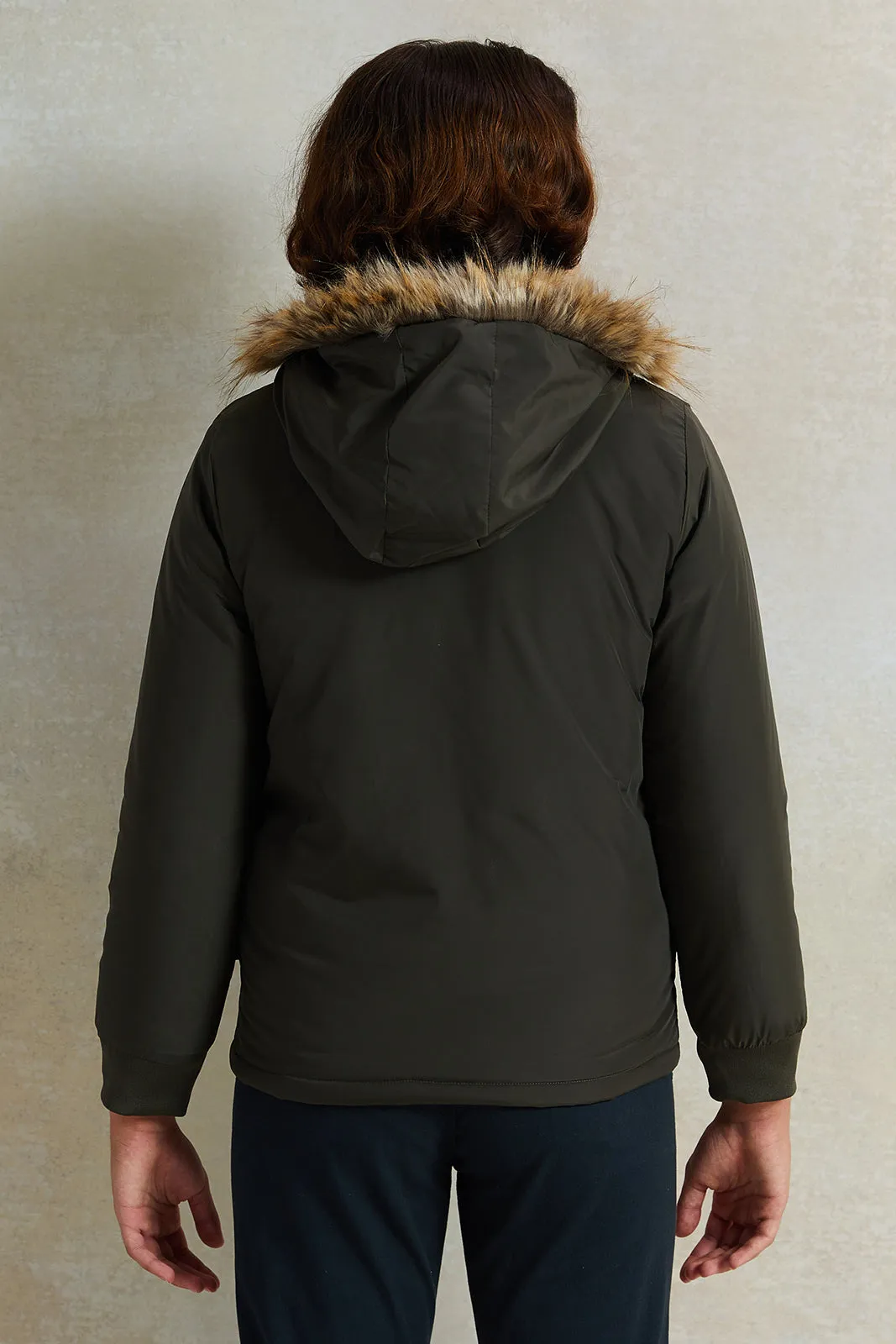 Senior Boys Olive Fur Hoodie Jacket sold by Redtag product image thumbnail 3