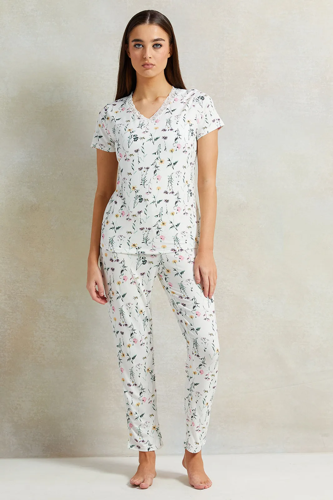 Women White Floral Printed Pyjama Set (2 Piece) sold by Redtag
