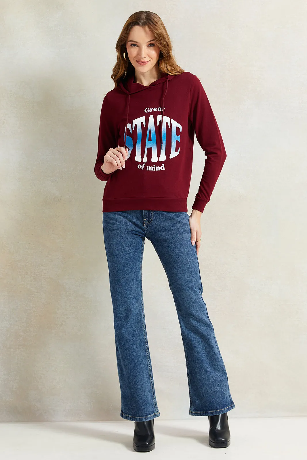 Women Burgundy Print Hooded Sweatshirt sold by Redtag product image thumbnail 2