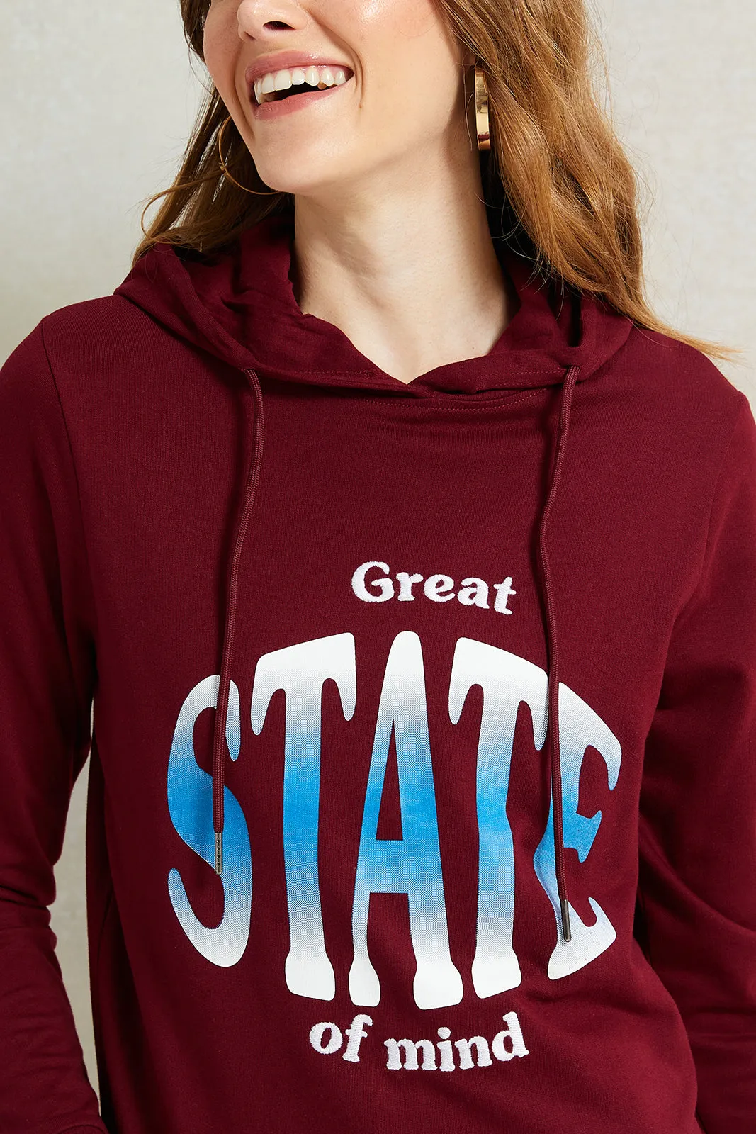 Women Burgundy Print Hooded Sweatshirt sold by Redtag product image thumbnail 4