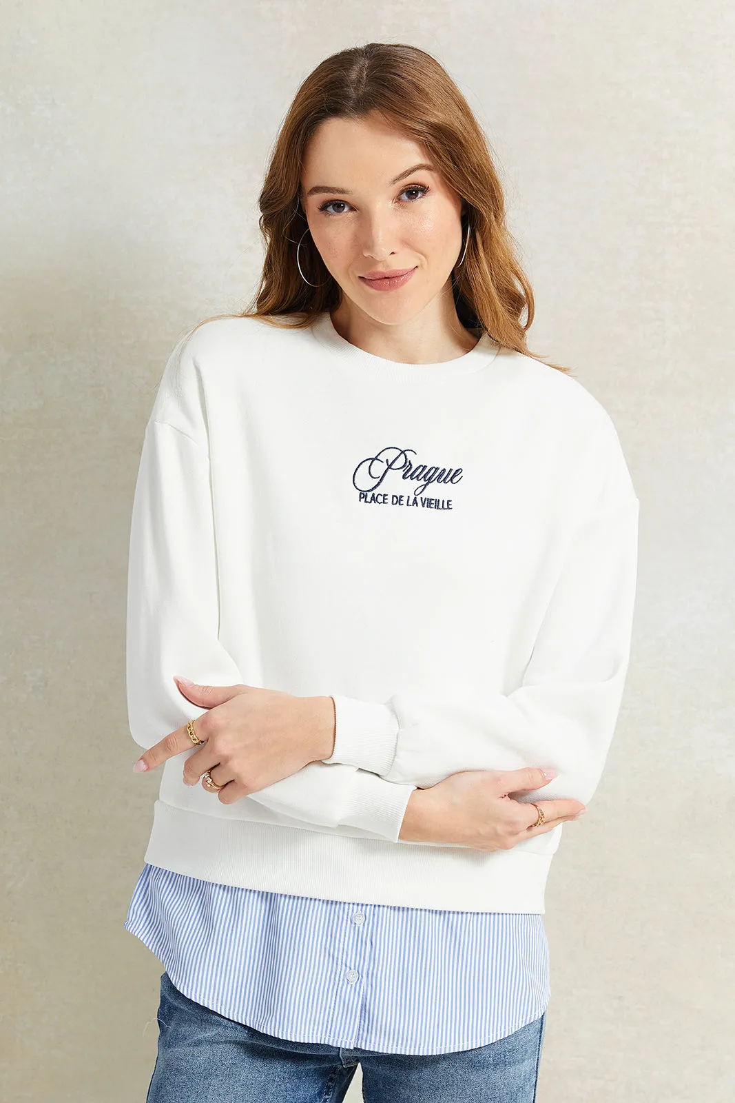 Women Ivory Printed Twofer Sweatshirt sold by Redtag