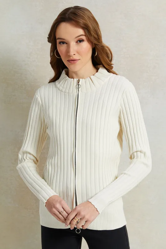 Women White Ribbed Pullover sold by Redtag