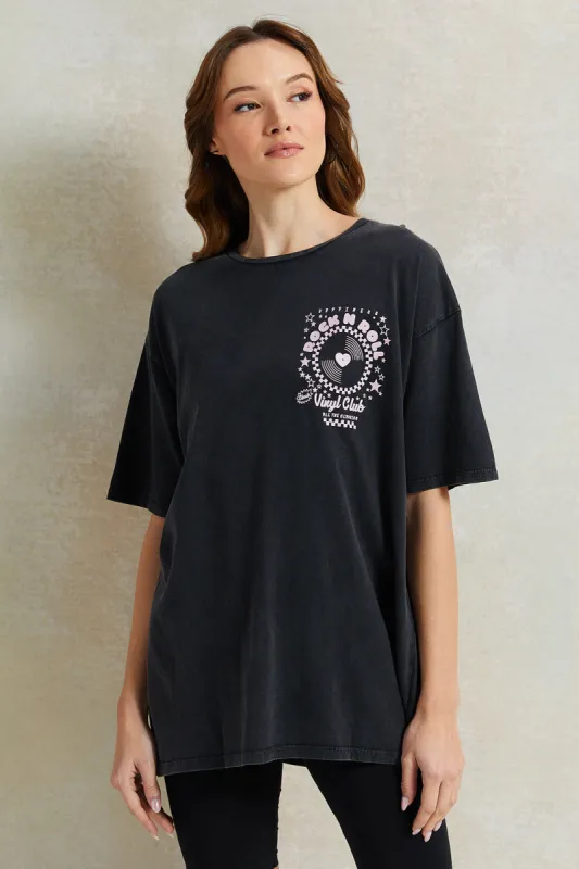 Women Charcoal Printed Oversized T-Shirt sold by Redtag