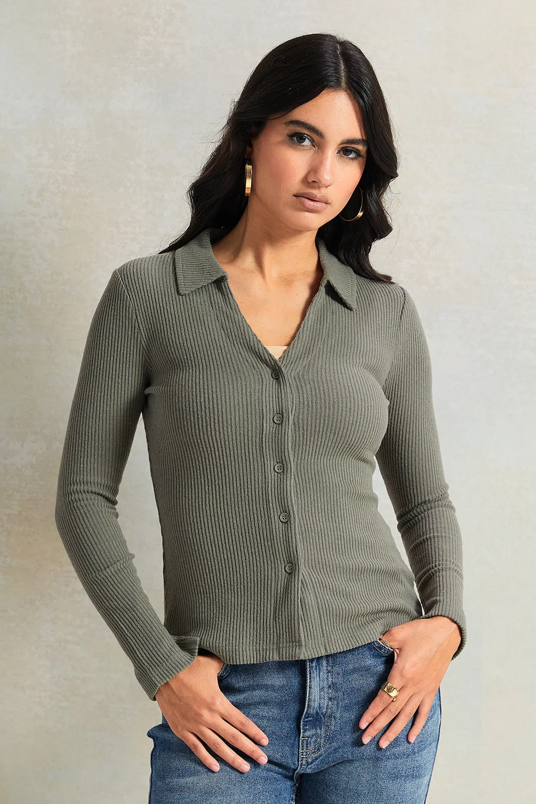 Women Olive Long Sleeve Knitted Top sold by Redtag