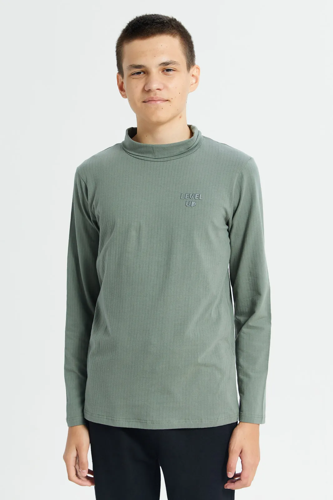 Senior Boys Olive High Neck T-Shirt sold by Redtag