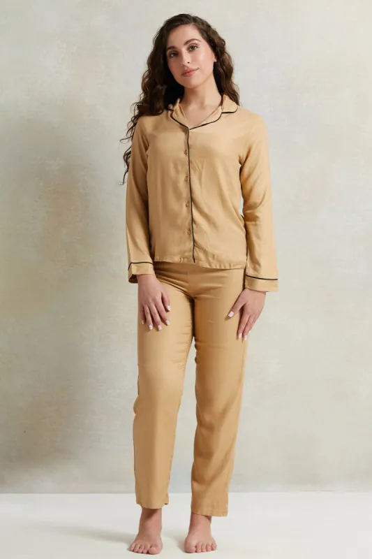 Women Beige Twill Classic Pyjama Set (2 Piece) sold by Redtag