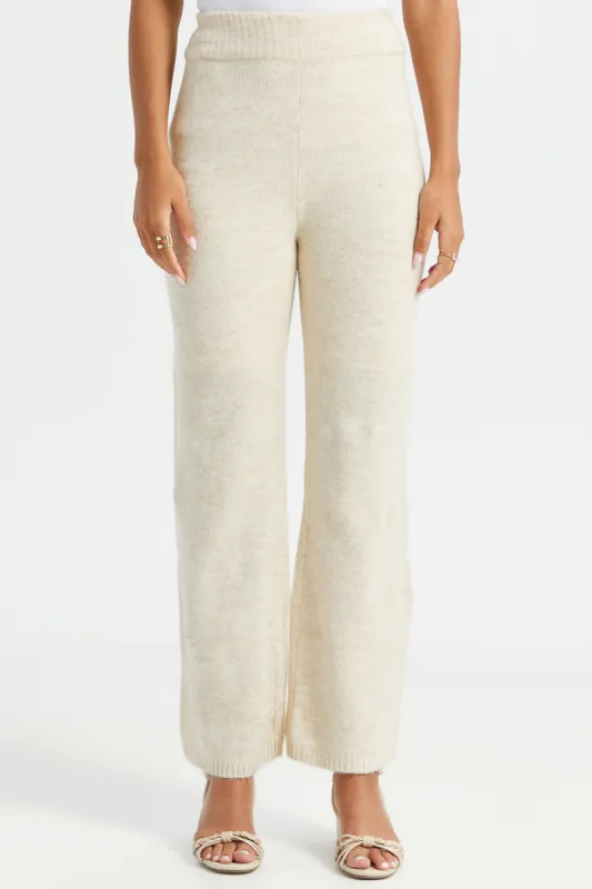 Women Beige Knitted Wide Leg With Elastic Waistband Trouser sold by Redtag