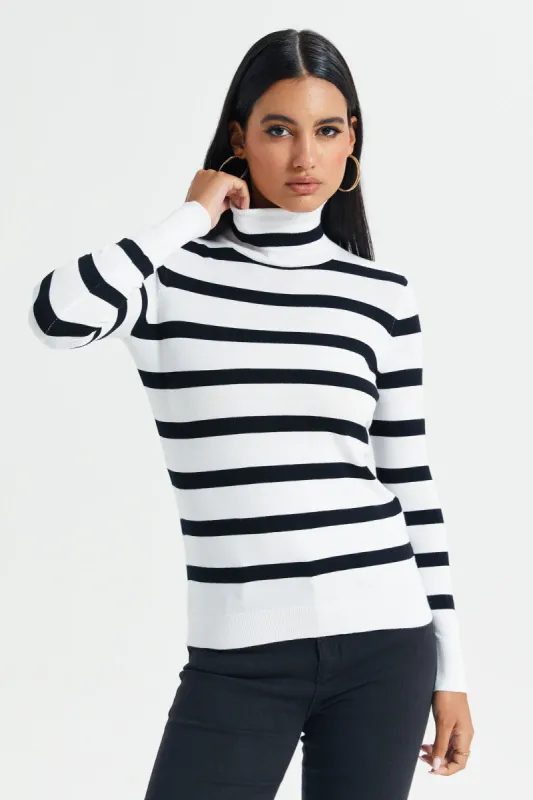 Women White With Black Stripes Turtle Neck Pullover sold by Redtag