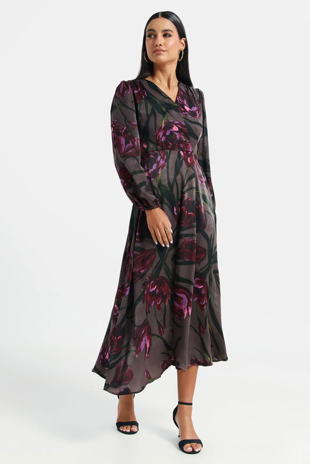 Women Grey Floral Print Satin Printed Dress sold by Redtag