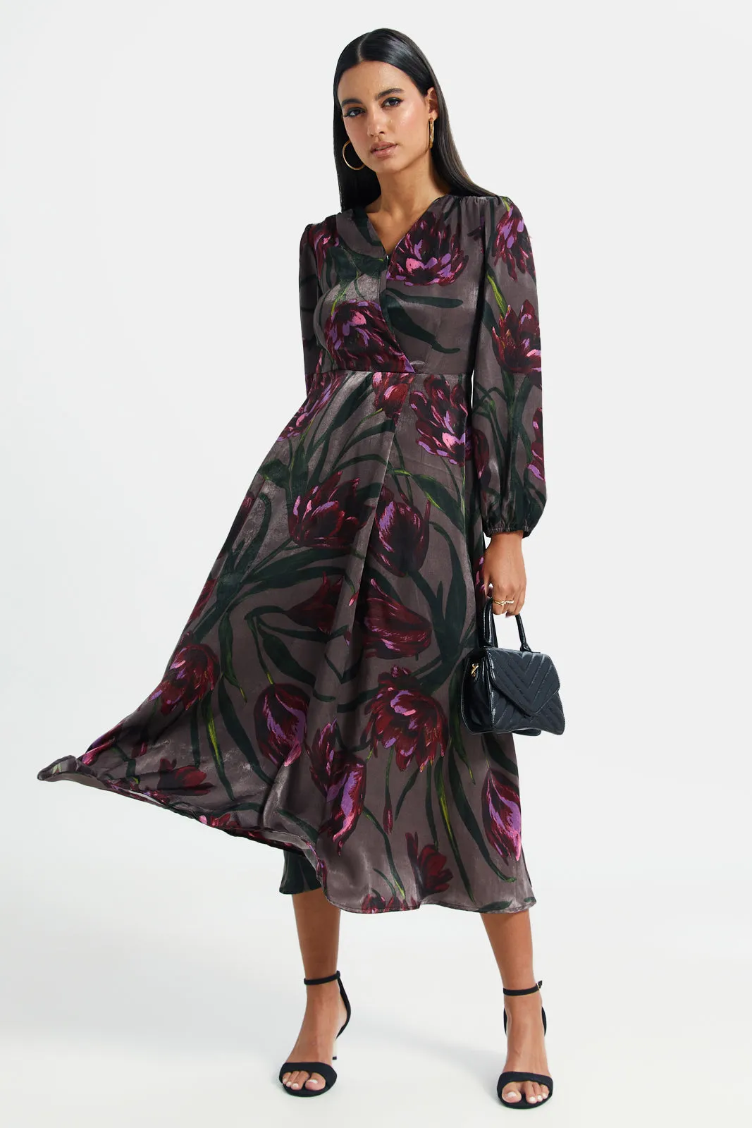 Women Grey Floral Print Satin Printed Dress sold by Redtag product image thumbnail 4